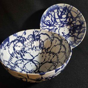 White Drizzle Cobalt Blue Large Handmade Serving Bowls